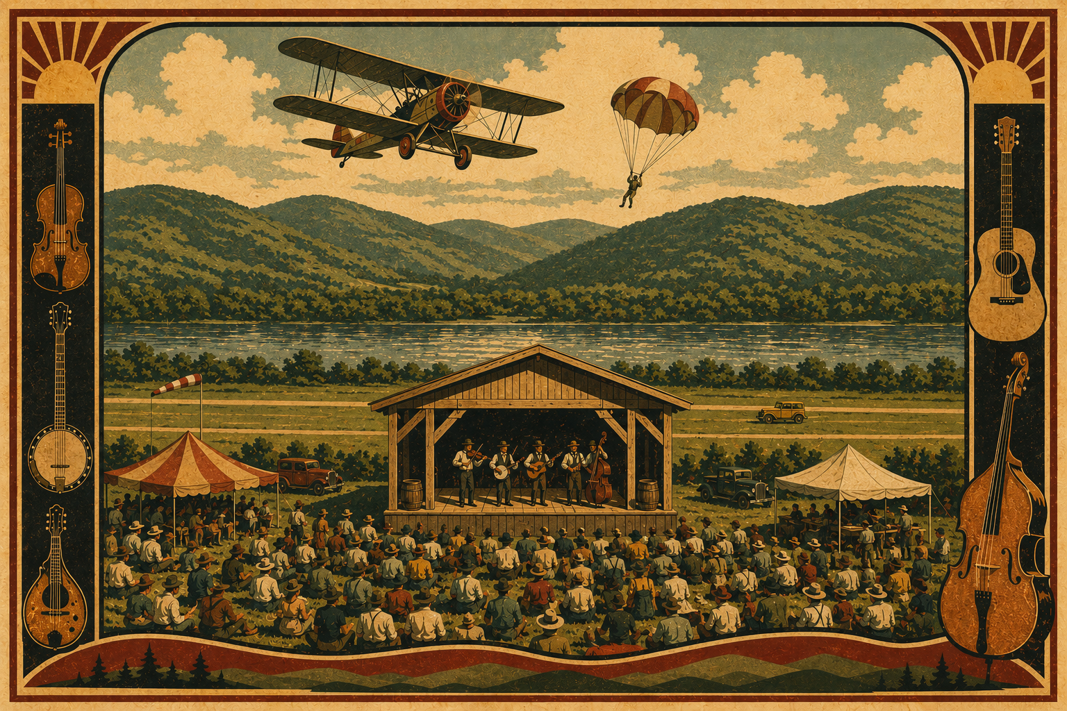 Vintage WPA aviation poster showing biplane, skydiver, bluegrass musicians on stage, with Appalachian mountains backdrop